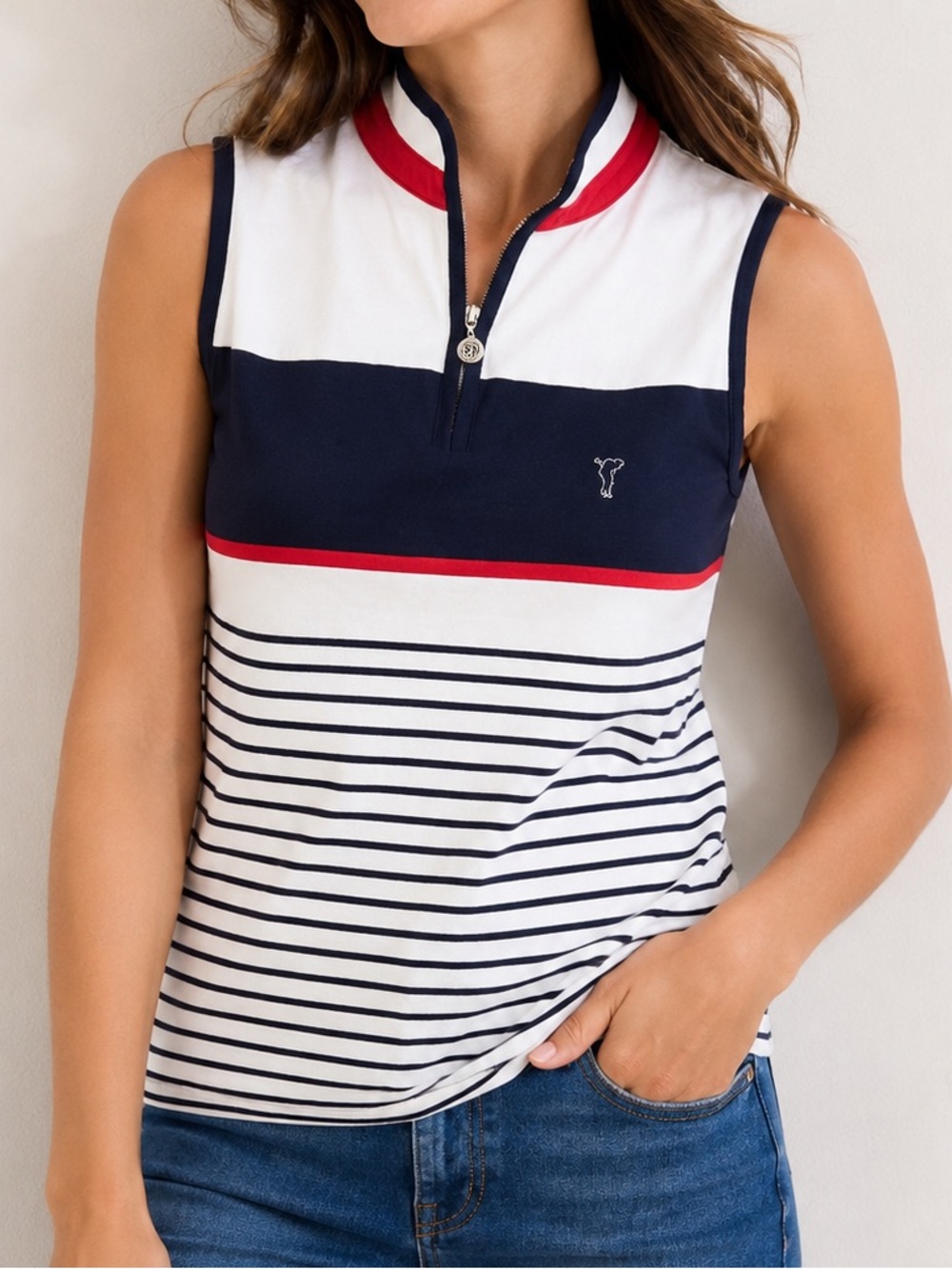 Golfino Sleeveless Golf Polo Shirt Women’s Small White Navy Red Quarter Zip